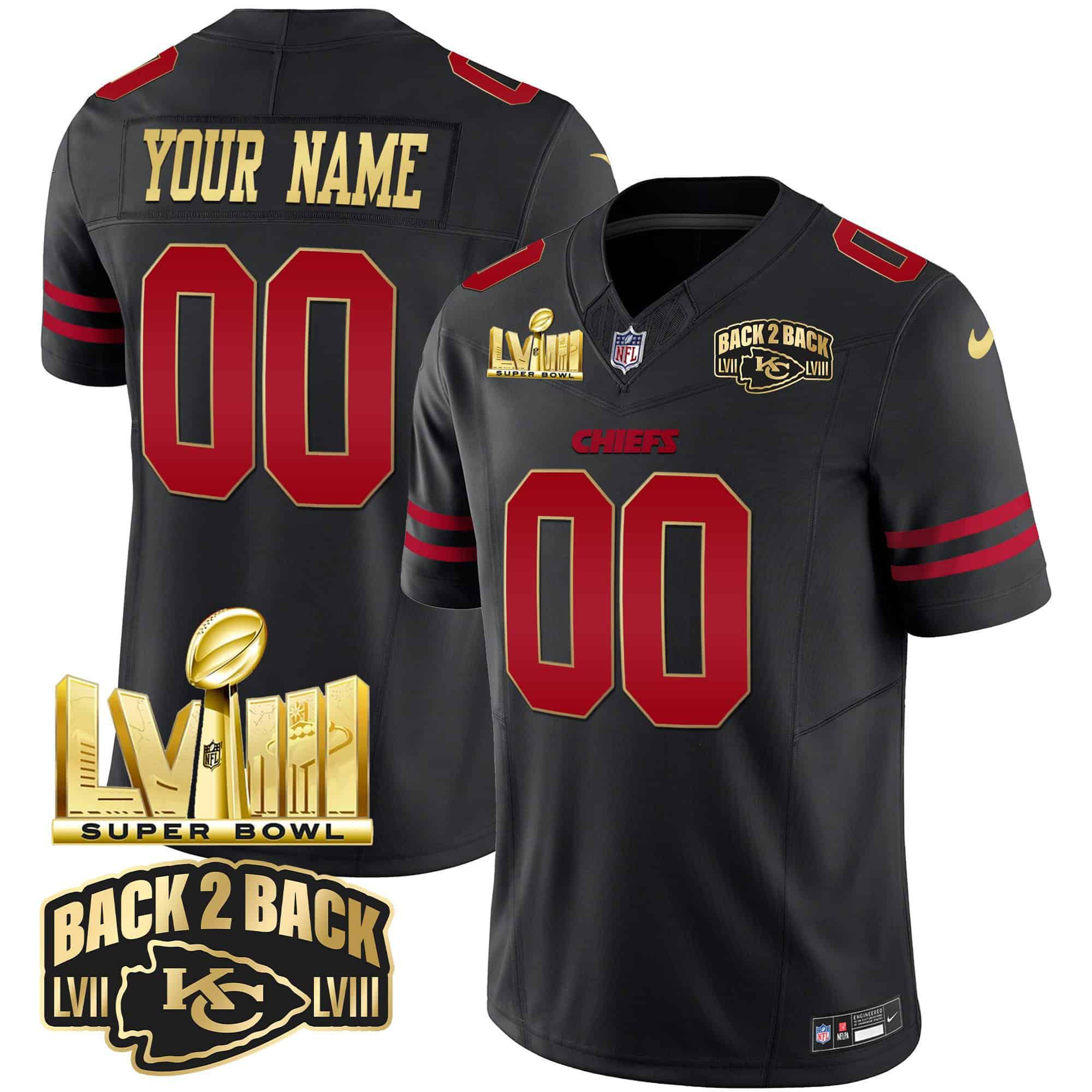 Men Kansas City Chiefs Black 2024 Nike Super Bowl LVIII & Back 2 Back Gold Patch Vapor Custom NFL Jersey style 1